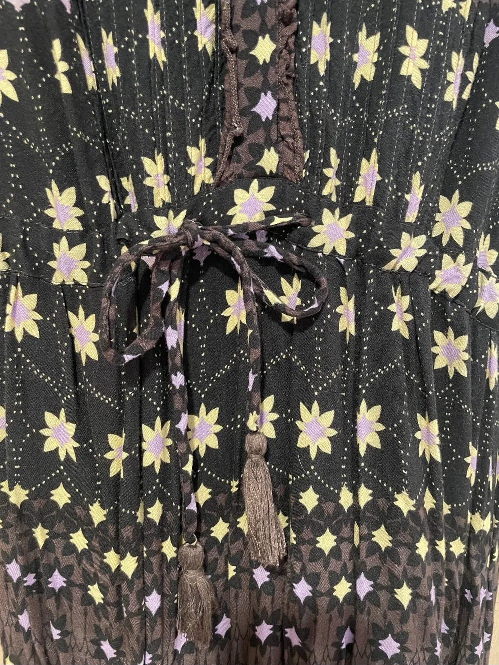 Free People Rare Feelings Brown Maxi Dress with Purple and Cream Floral Pattern